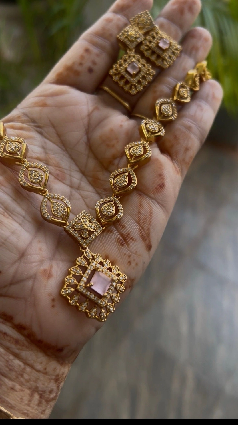 Diamond replica party wear ( pink) neclace