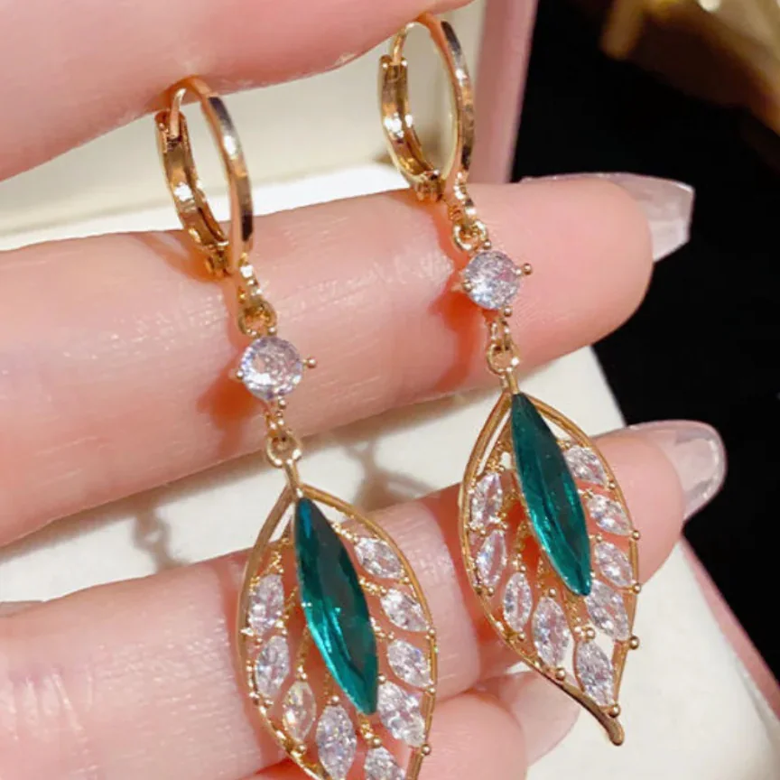 Green Rhinestone Leaf Drop Earrings