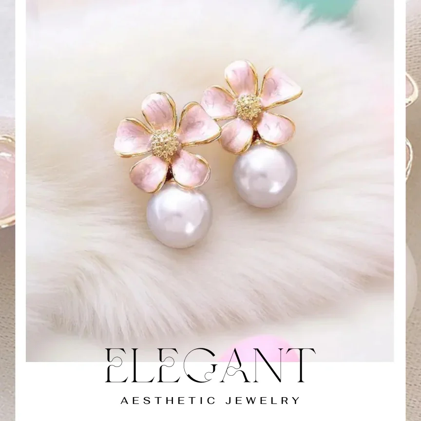 Pink Enamel Petal Flower Pearl Stud Earrings