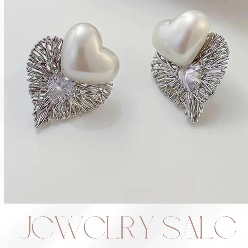 Silver Pearl Heart Stud Earrings