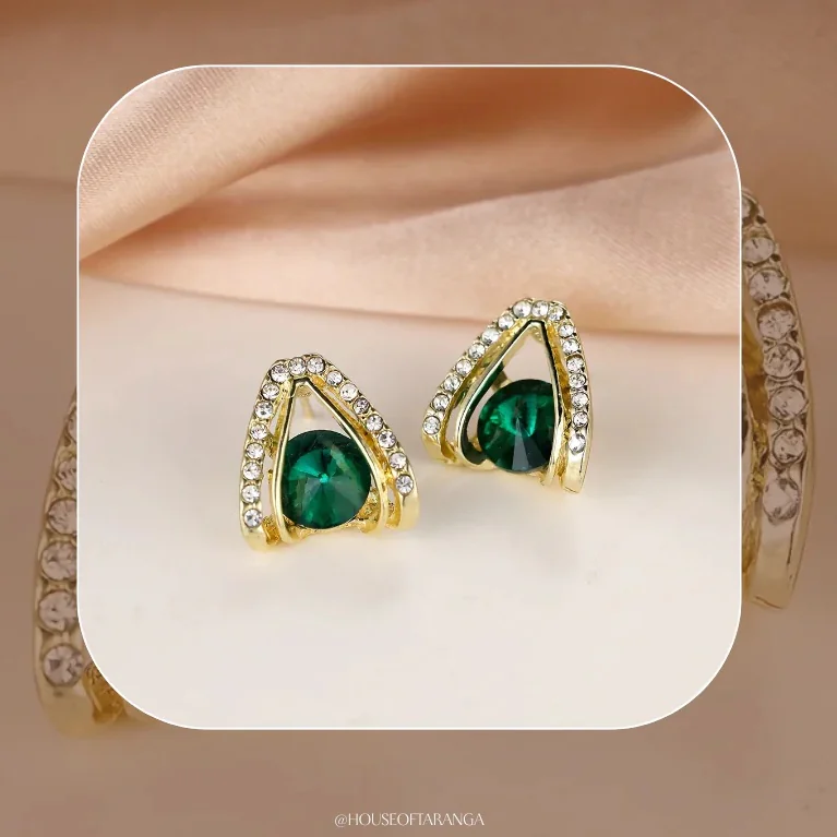 Green Stone Hollow Triangle Geometric Stud Earrings
