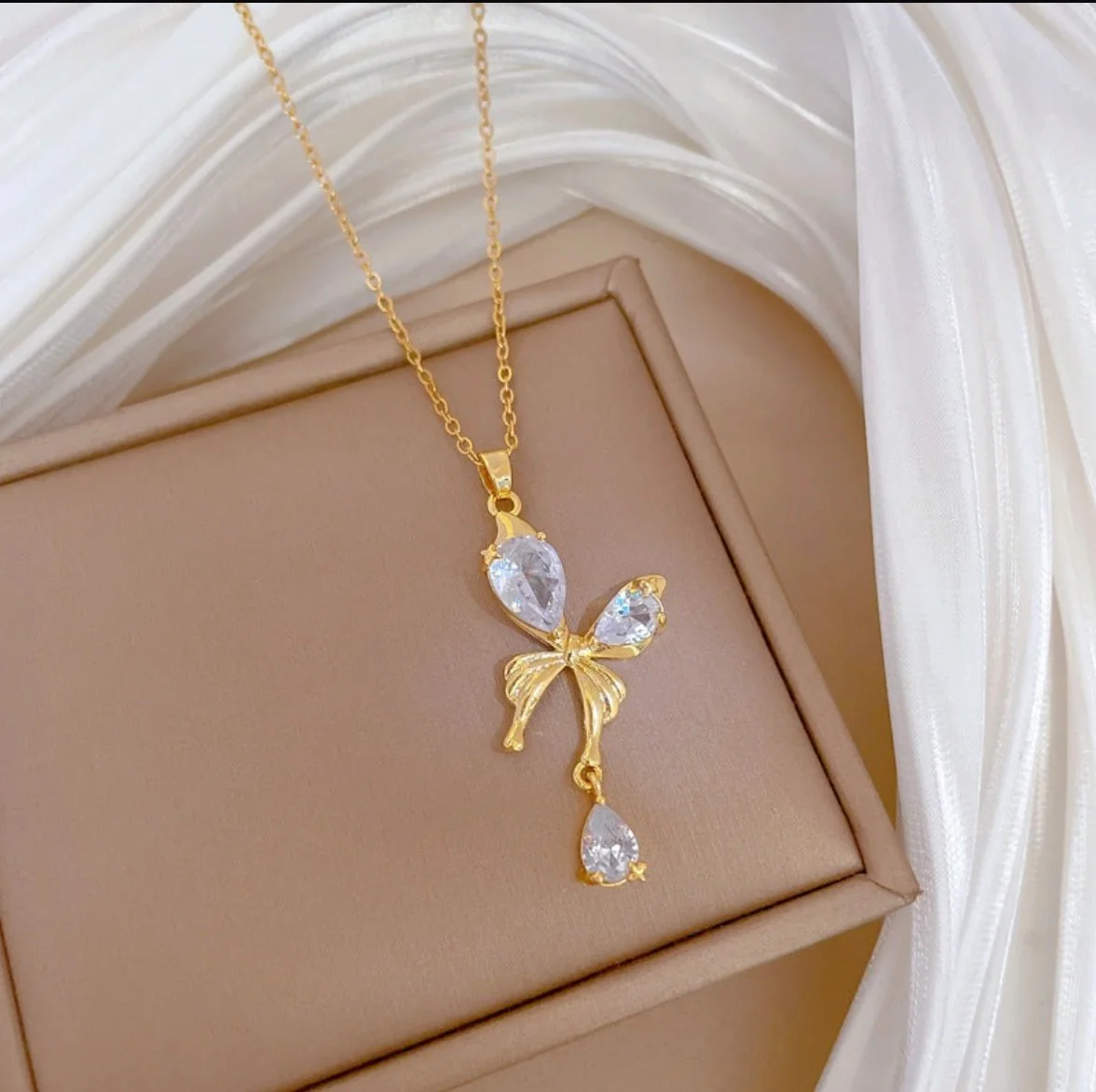 Golden Crystal Bow Necklace