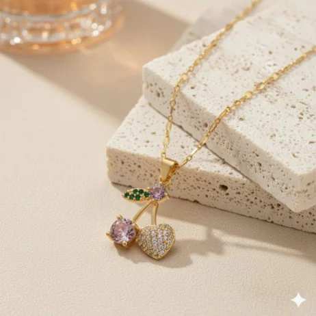 Golden Cherry Charm Necklace