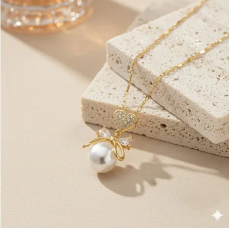 Golden Pearl Heart Necklace