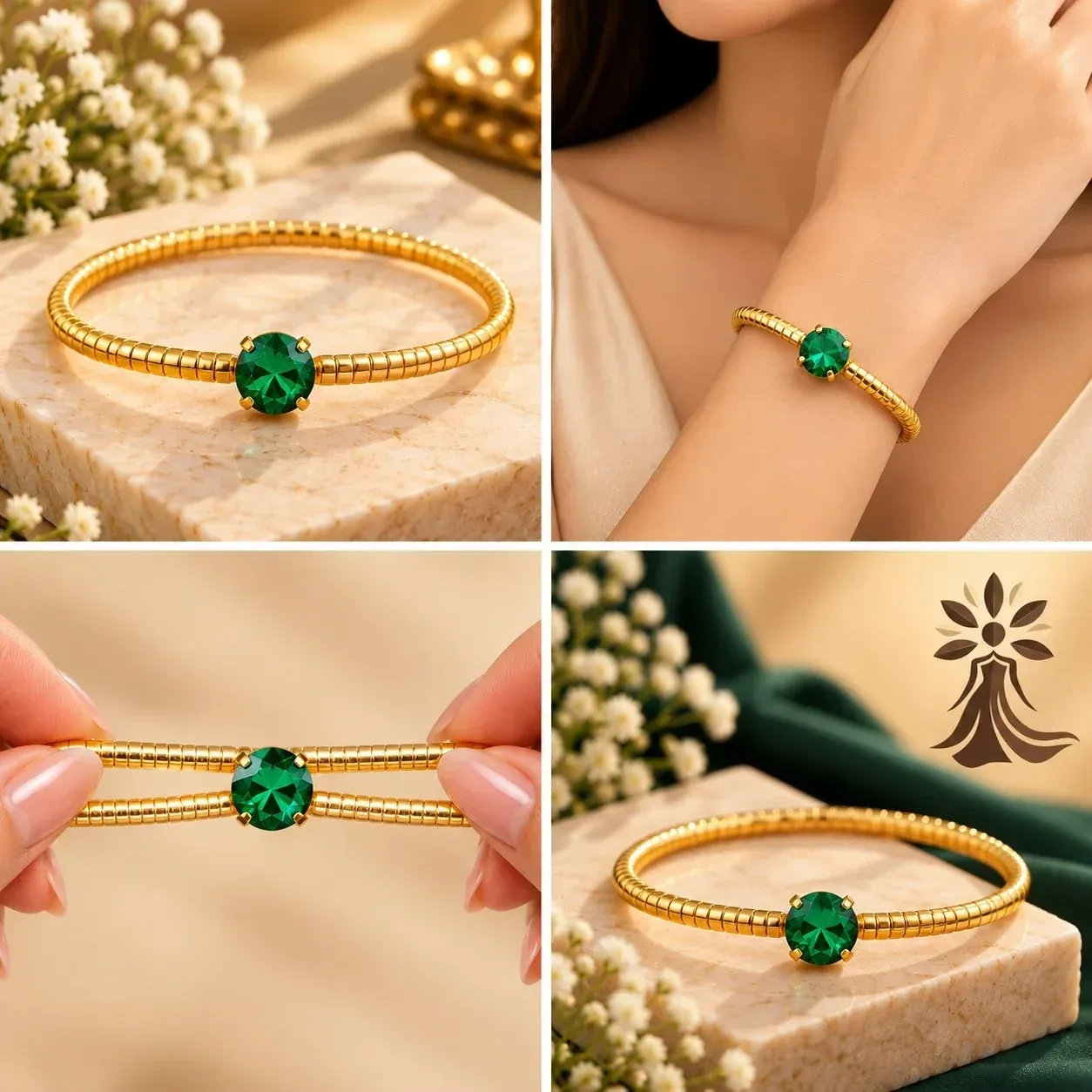 Elegant Gold Bracelet with Emerald Green Crystal