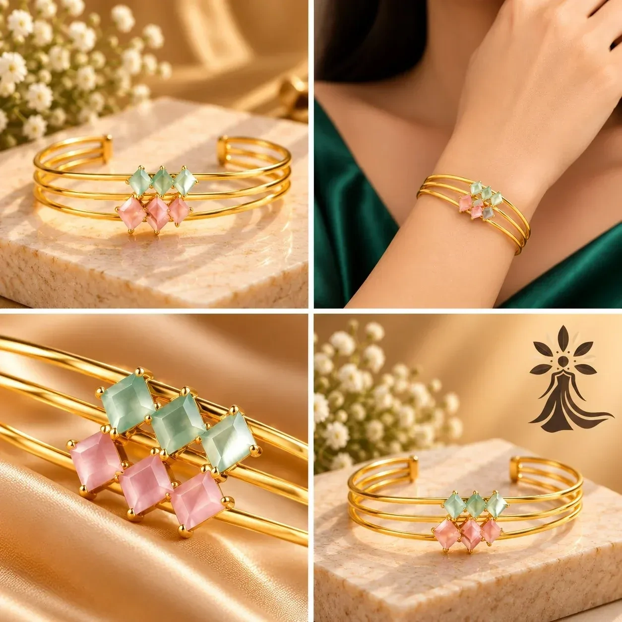 Elegant Gold Triple-Band Pastel Stone Cuff Bracelet