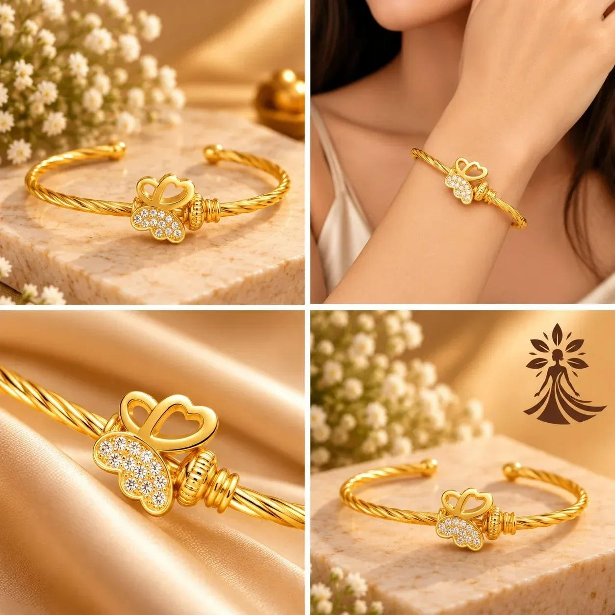 Elegant Gold Heart & Butterfly Crystal Bangle