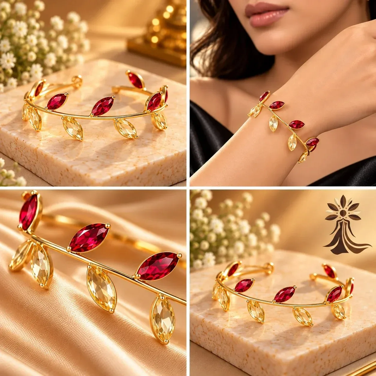 Elegant Gold Leaf & Ruby Crystal Cuff Bracelet