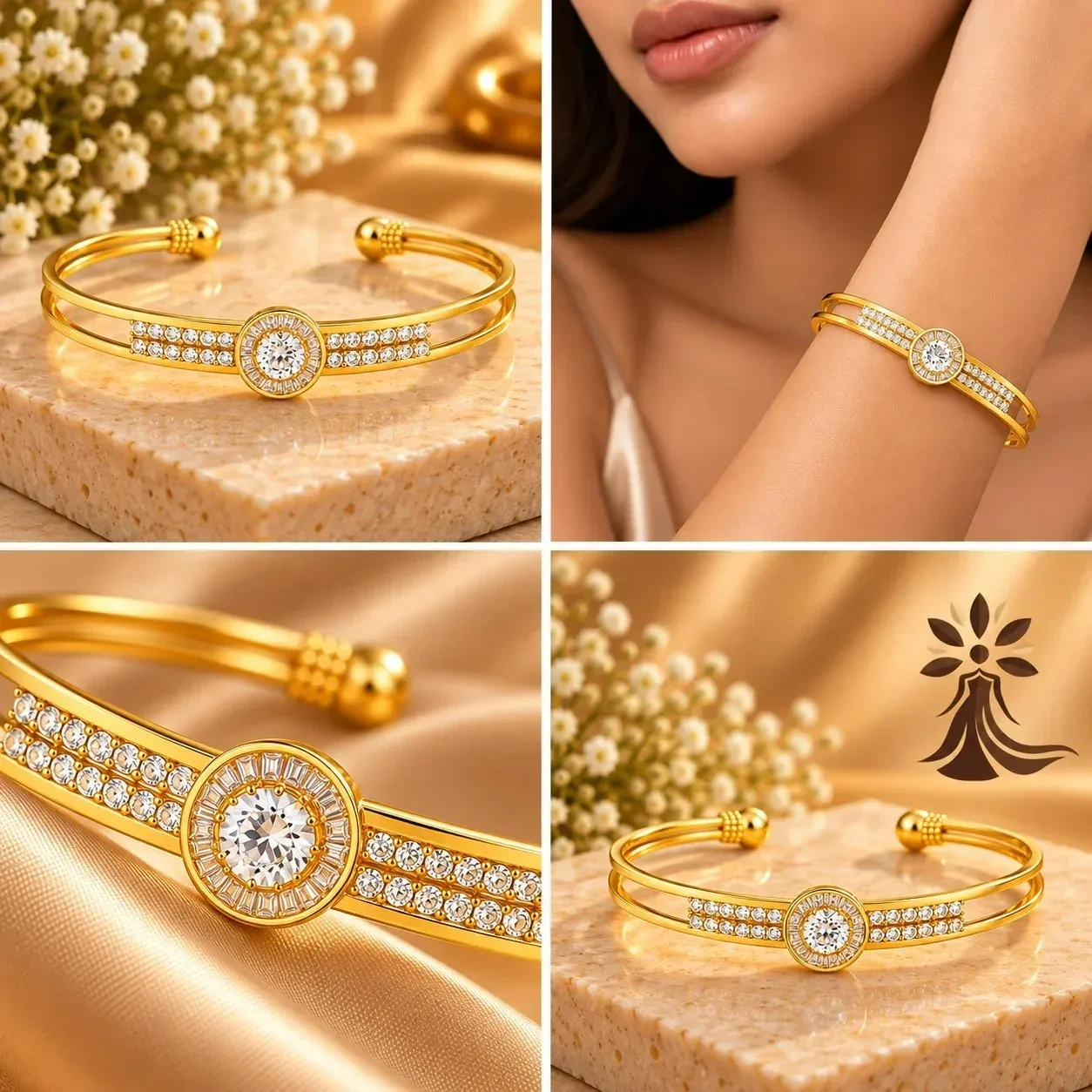 Elegant Gold Double-Band Crystal Cuff Bracelet