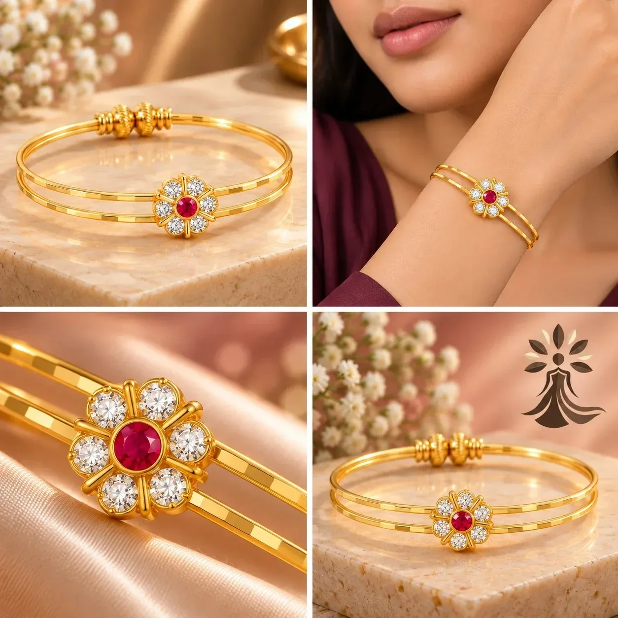 Elegant Gold Floral Crystal Bangle
