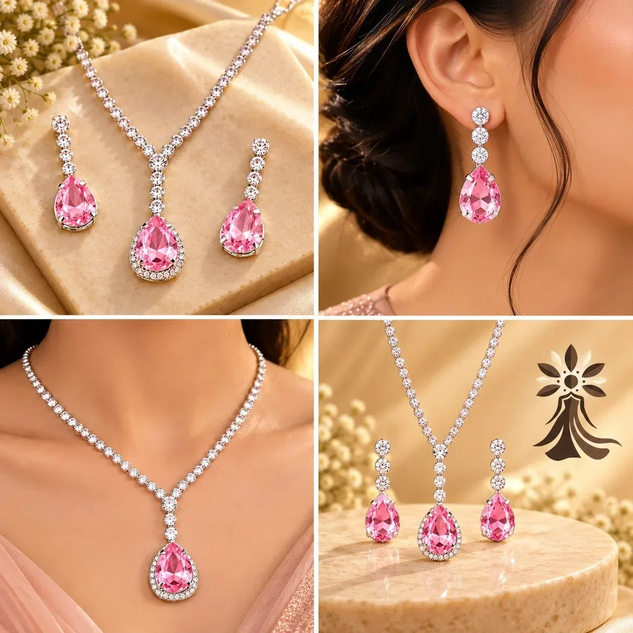 Pink Crystal Jewellery Combo Set