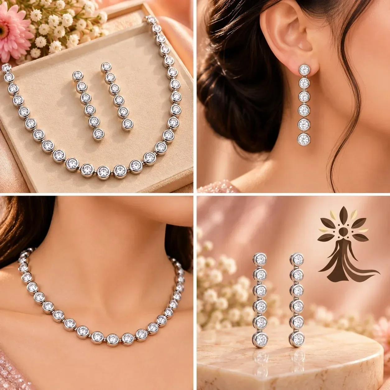 Elegant Silver Crystal Jewellery Combo Set