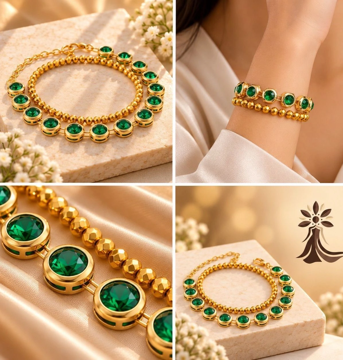 ✨ Premium Emerald & Gold Layered Bracelet Set ✨