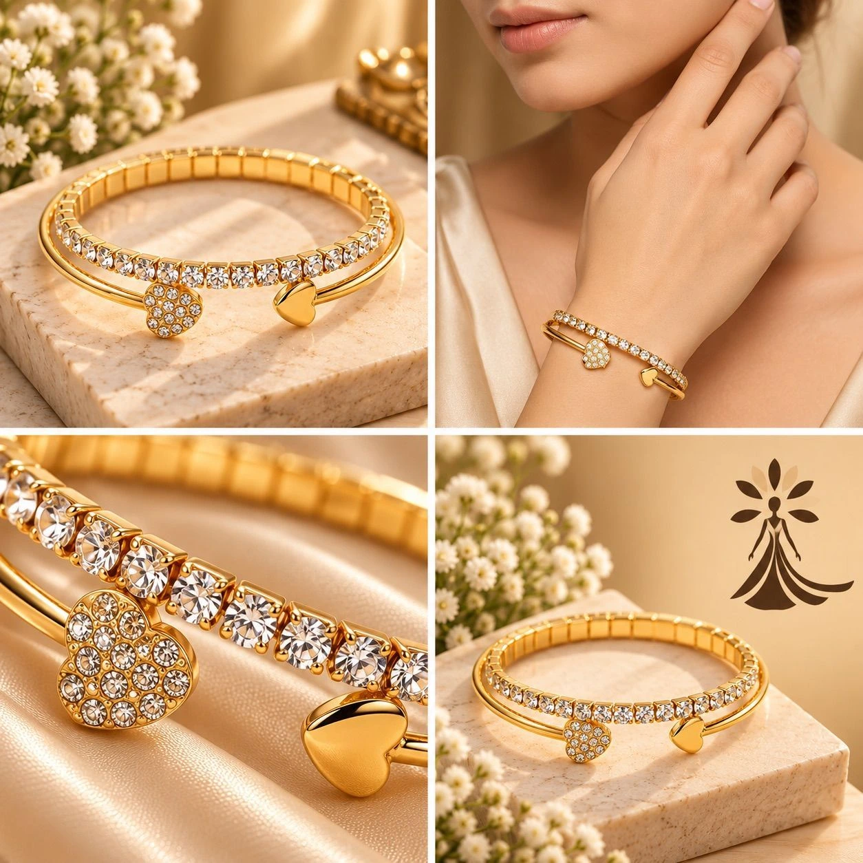 ✨ Elegant Gold Crystal Heart Open Cuff Bracelet