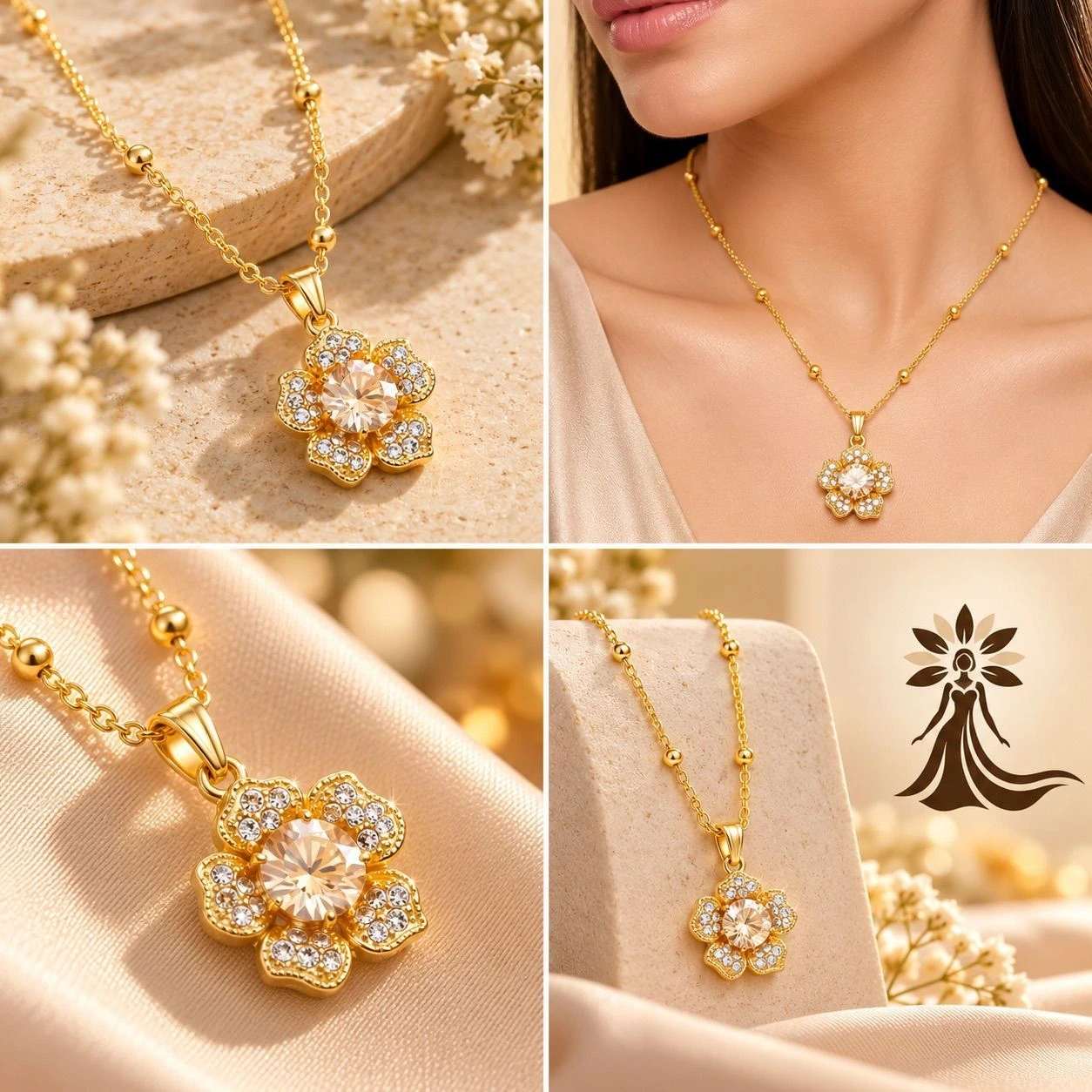 🤍 Golden Floral Crystal Necklace