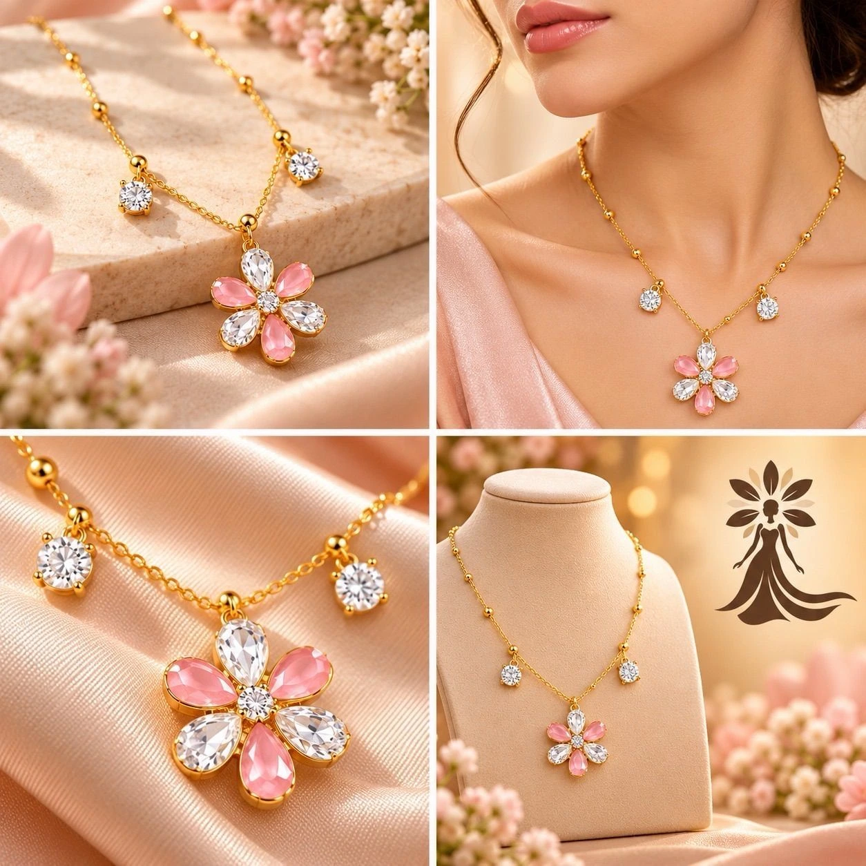 🤍 Pink Floral Crystal Necklace