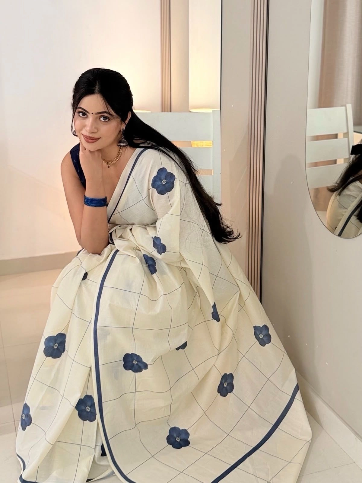 Indigo Bloom Check Digital Printed Cotton Saree 2