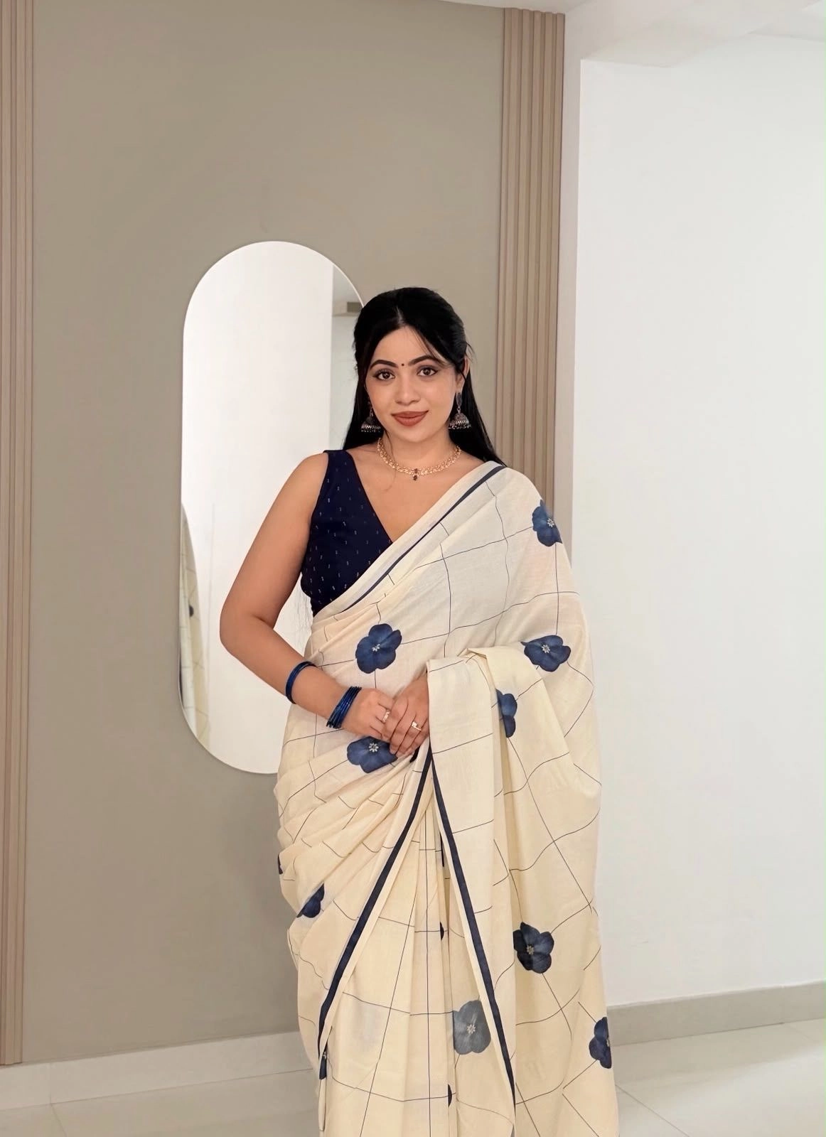 Indigo Bloom Check Digital Printed Cotton Saree 3