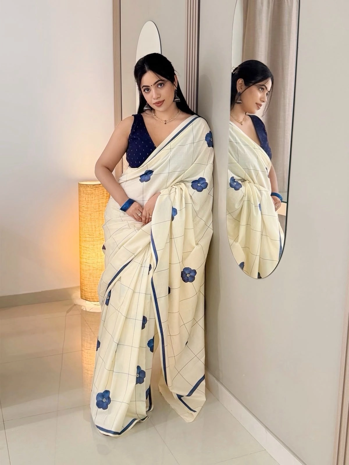 Indigo Bloom Check Digital Printed Cotton Saree 4