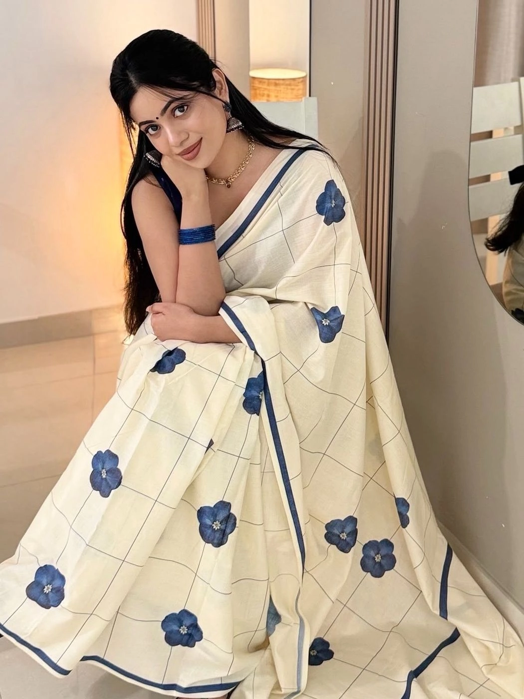 Indigo Bloom Check Digital Printed Cotton Saree 5