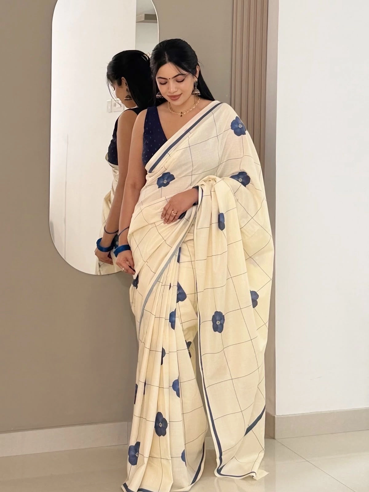 Indigo Bloom Check Digital Printed Cotton Saree 6