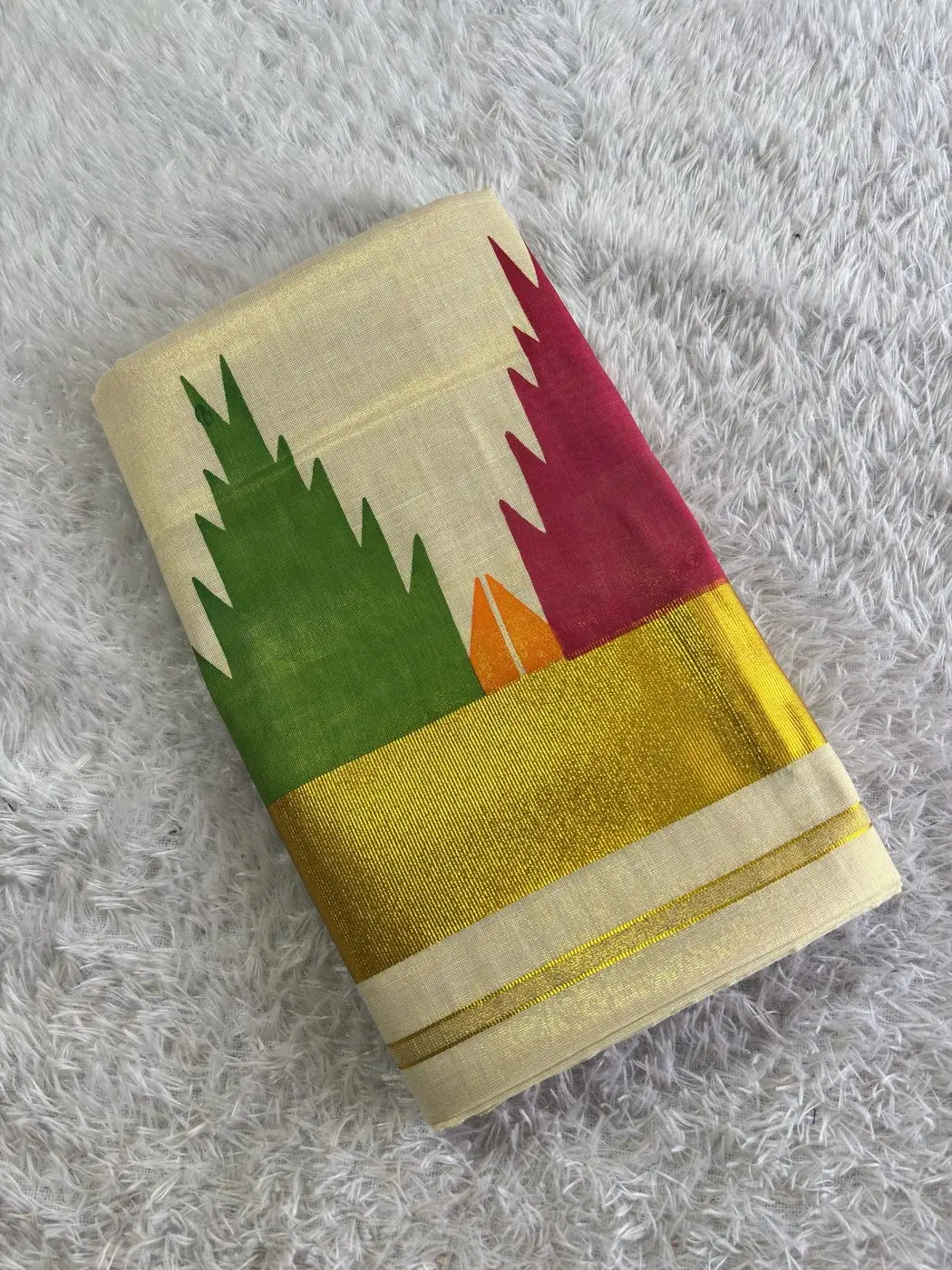 Multicolour Temple Golden Tissue Kerala Saree 1