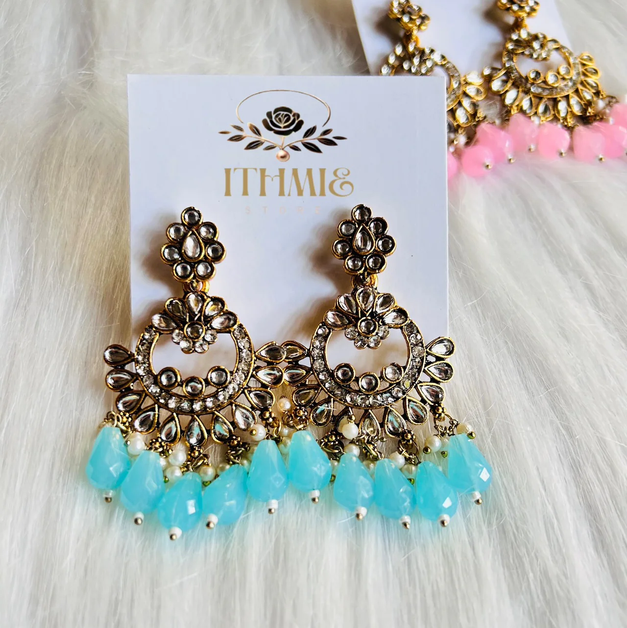 Antique Gold & Ice Aqua Blue Premium Earrings