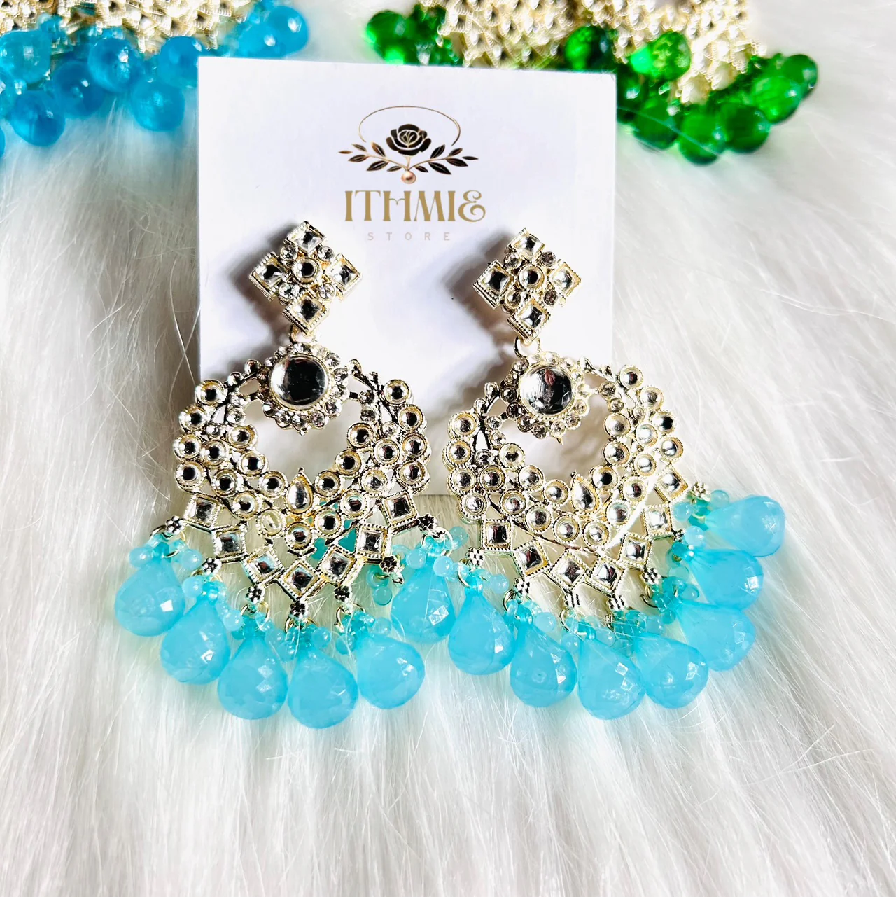 Antique Gold & Aqua Mist Blue Premium Earrings