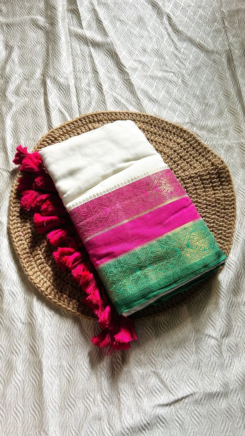 Premium Mul Cotton Saree with Contrast Zari Border – Off White | Pink & Green 1