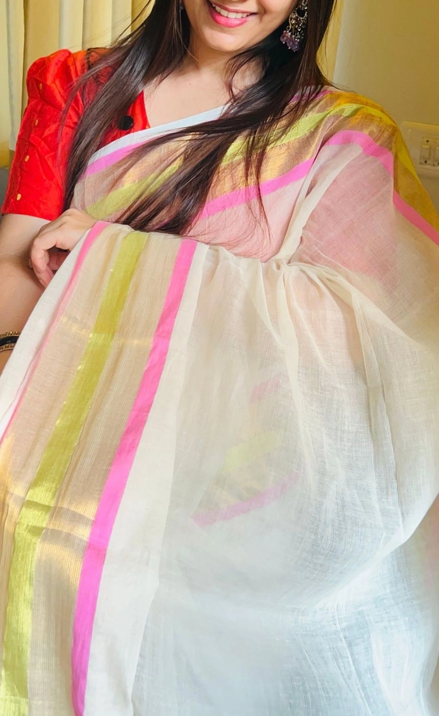 Premium Mul Cotton Saree with Pink Zari Border – Off White 3
