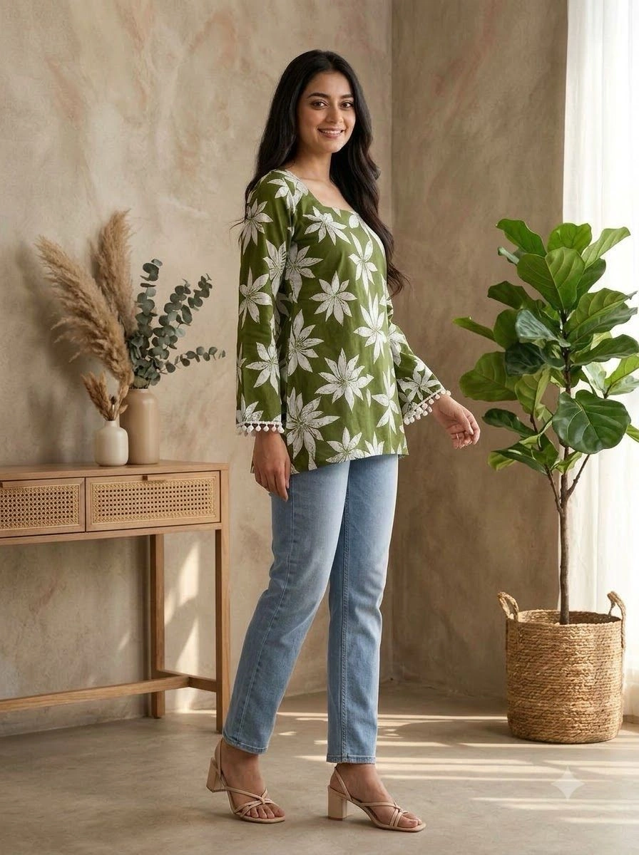 GREEN COTTON SHORT KURTI