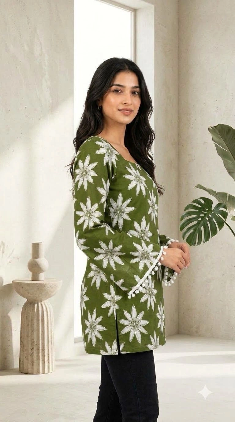 GREEN COTTON SHORT KURTI