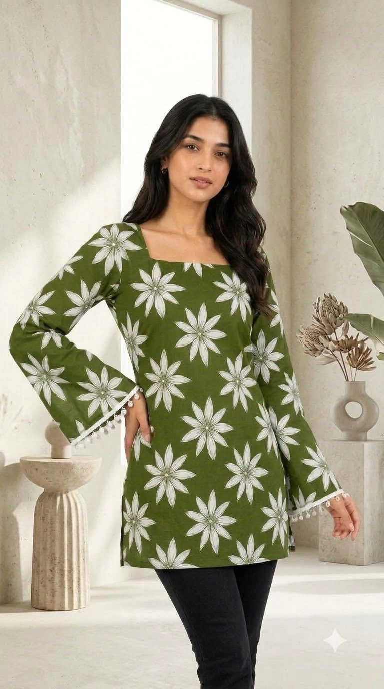 GREEN COTTON SHORT KURTI 3