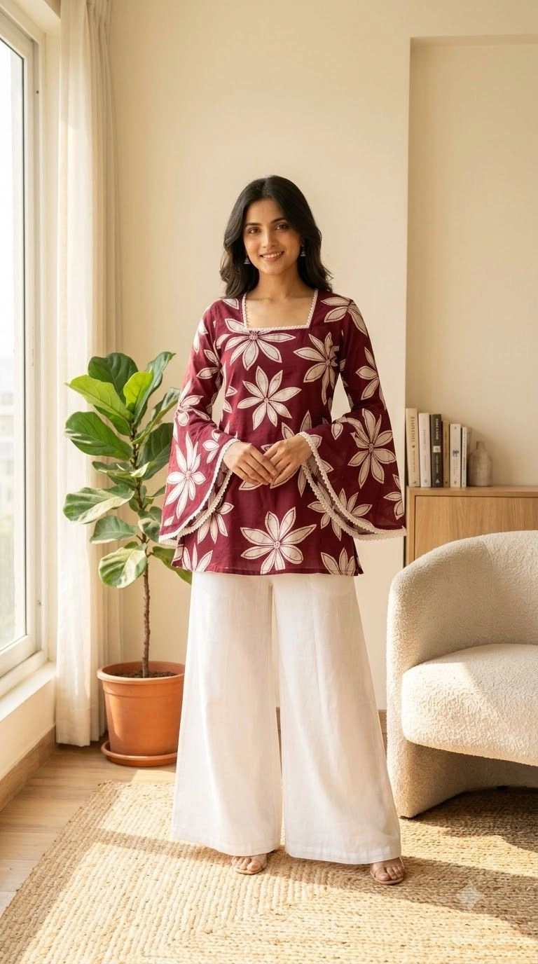 MAROON FLORAL PRINTED SHORT KURTI
