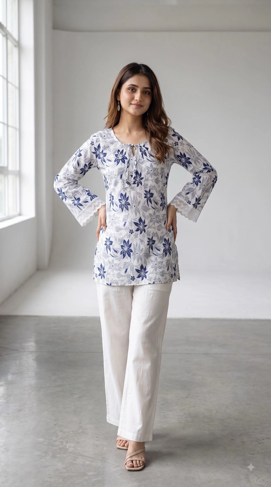 BLUE FLORAL PRINTED SHORT KURTI