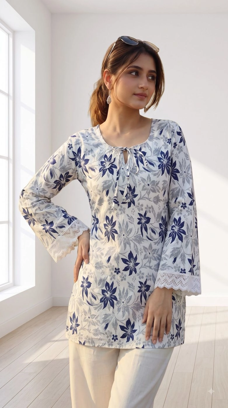 BLUE FLORAL PRINTED SHORT KURTI