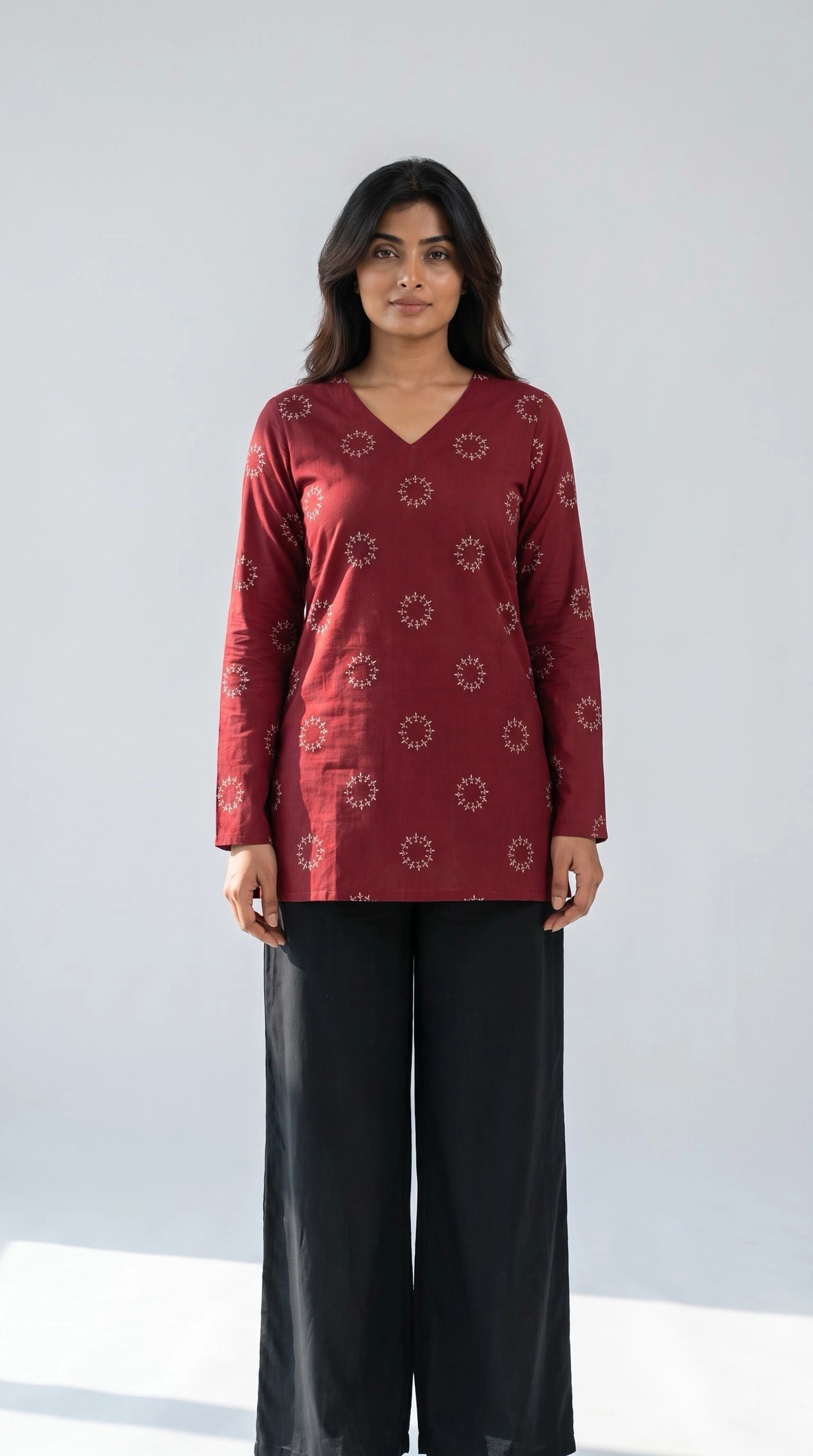 MAROON RAYON PRINTED SHORT KURTI 1