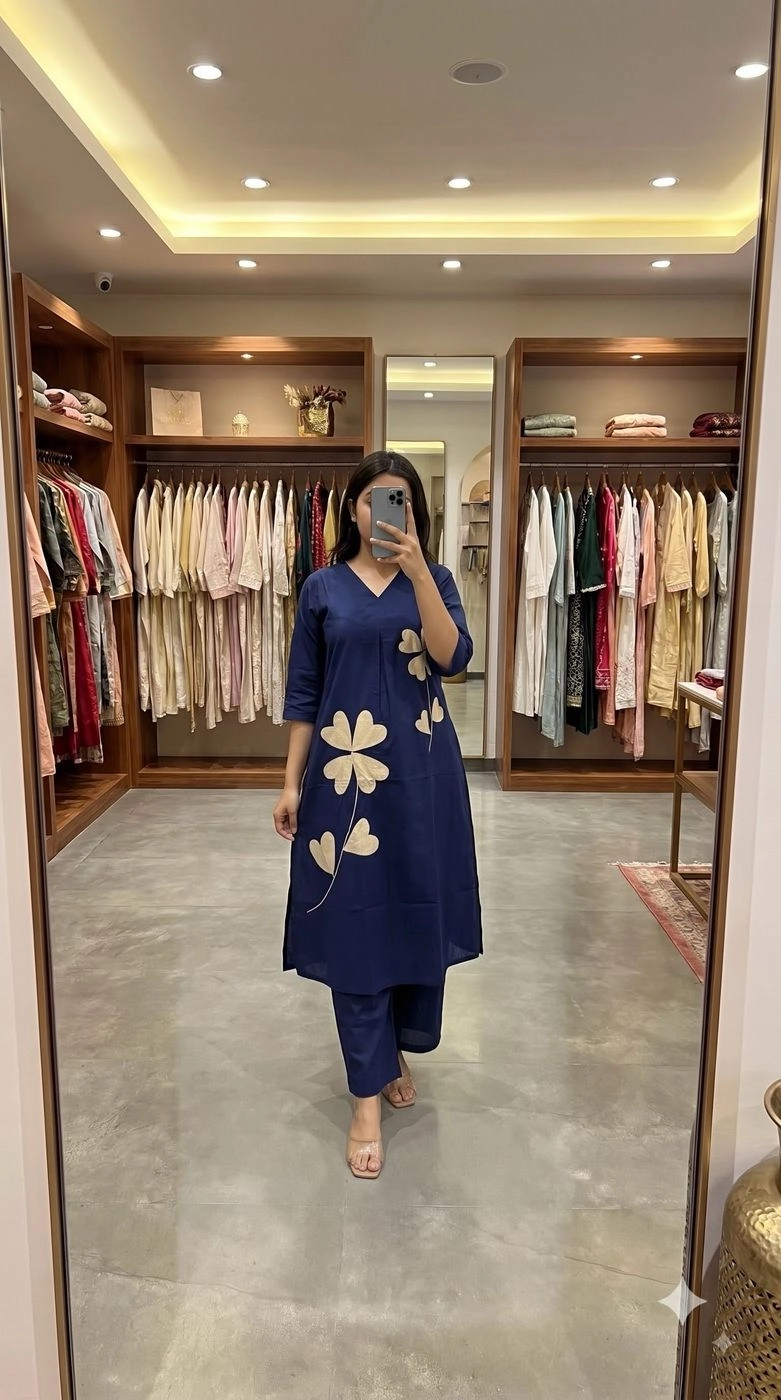 NAVY BLUE FLORAL KURTA WITH PANTS SET