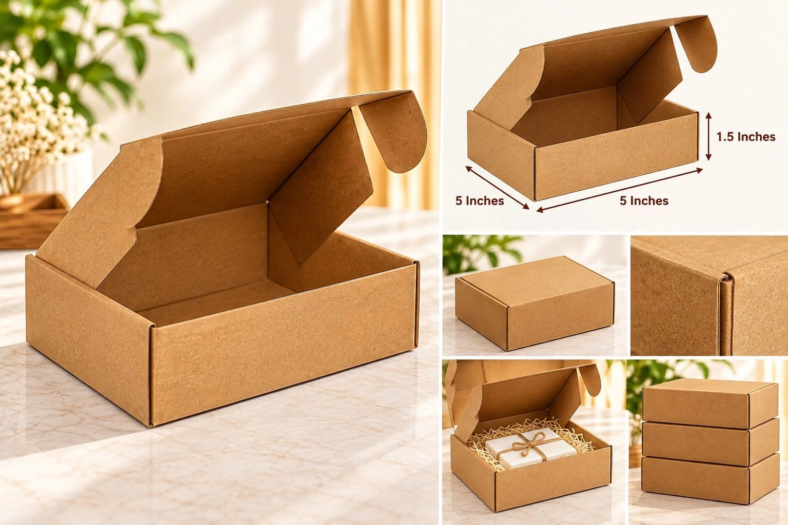 3 Ply Self-Locking Corrugated Boxes 5 × 5 × 1.5 Inches – Pack of 20 3