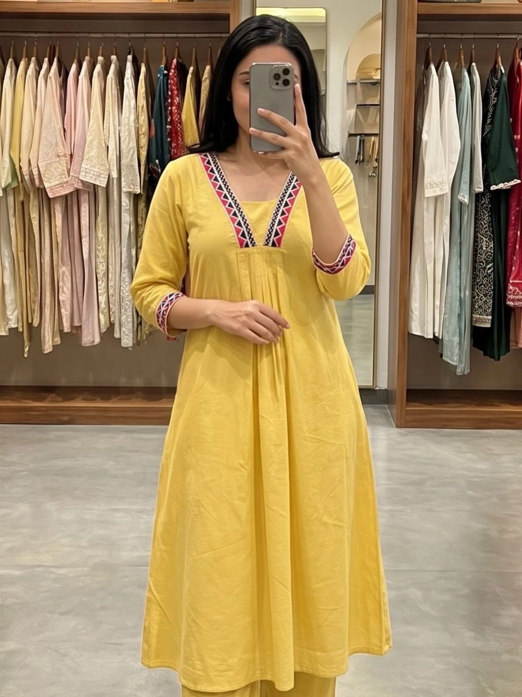 YELLOW KHADI COTTON A-LINE KURTA WITH PALAZZO SET 1
