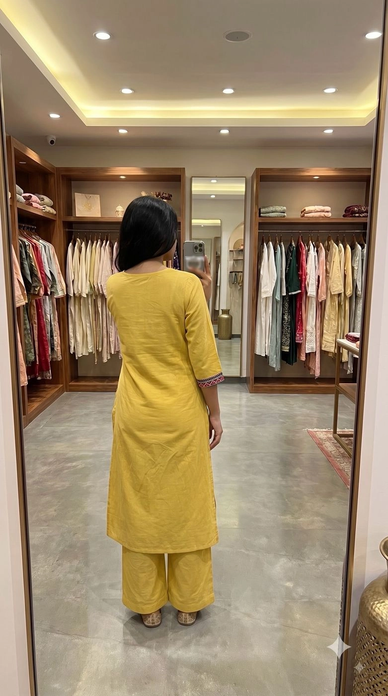 YELLOW KHADI COTTON A-LINE KURTA WITH PALAZZO SET 2
