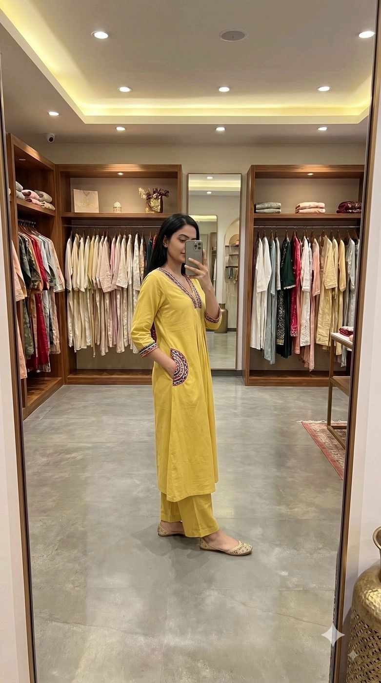 YELLOW KHADI COTTON A-LINE KURTA WITH PALAZZO SET 3