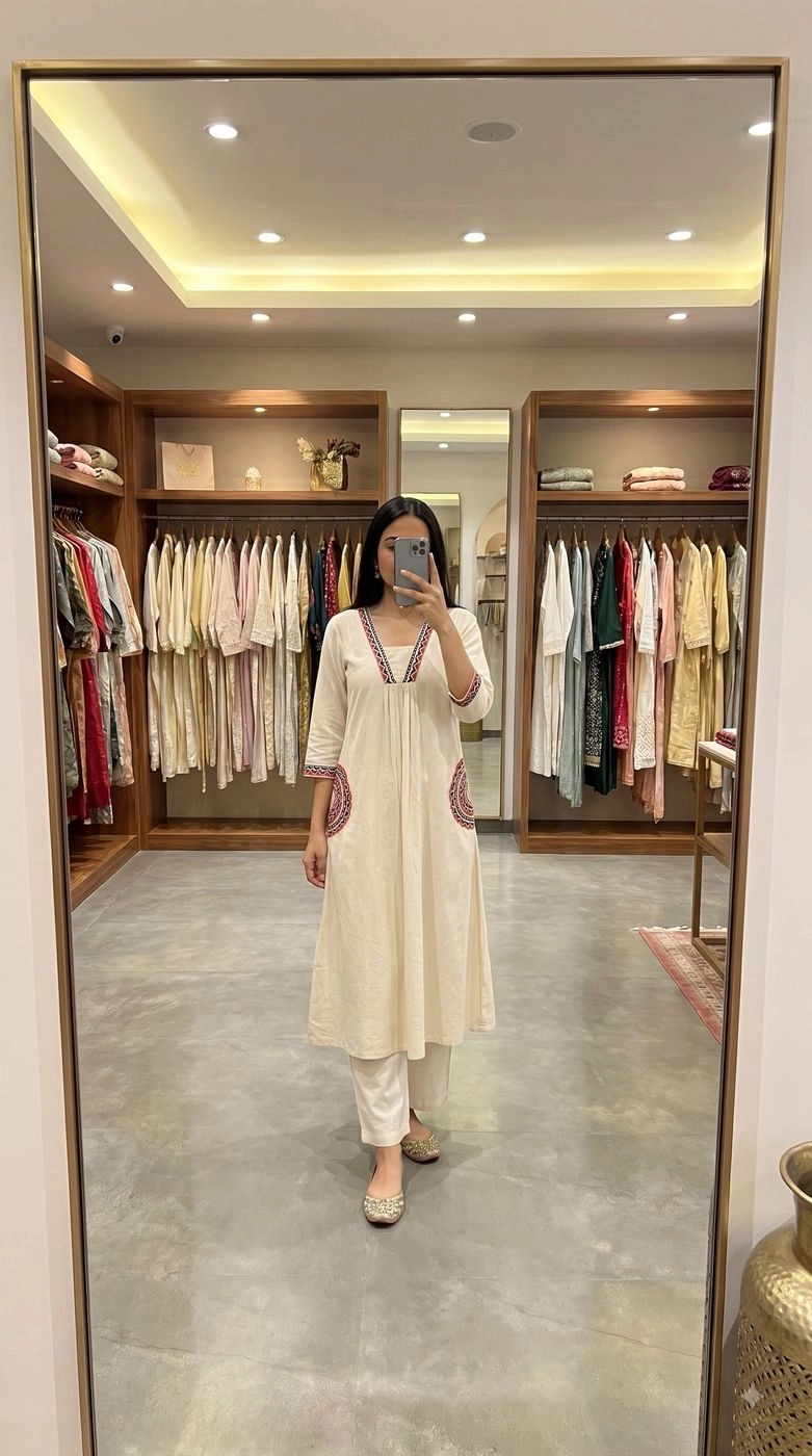 WHITE KHADI COTTON A-LINE KURTA WITH PALAZZO SET 1