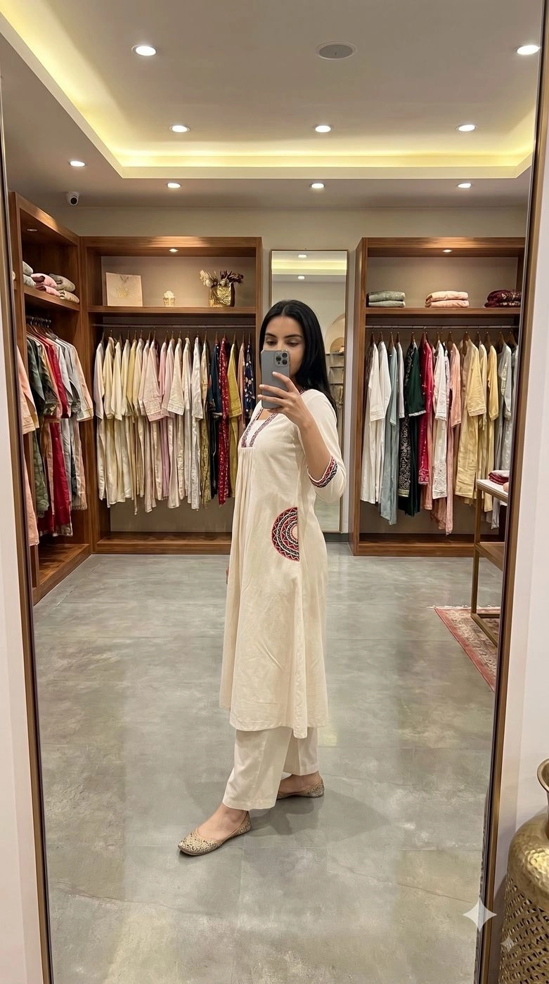 WHITE KHADI COTTON A-LINE KURTA WITH PALAZZO SET 3