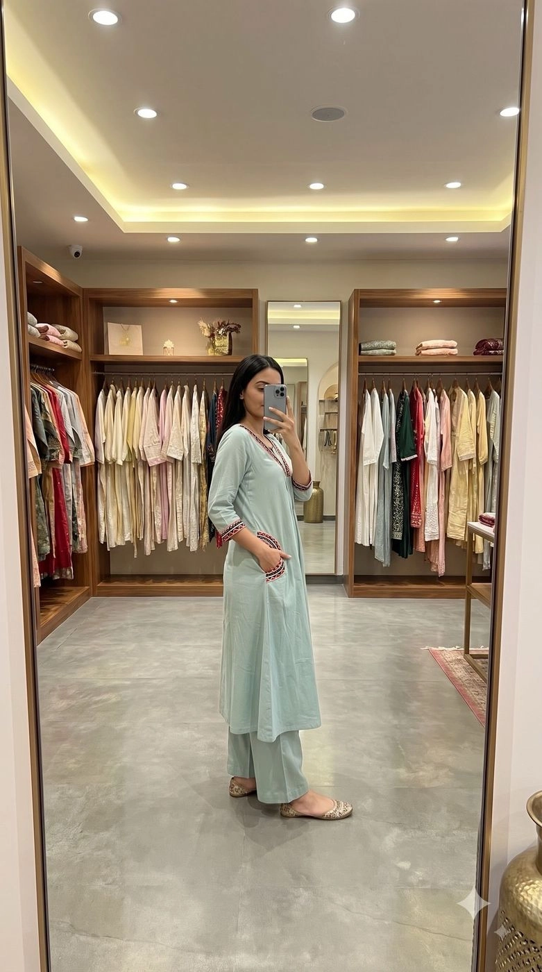 AQUA BLUE KHADI COTTON A-LINE KURTA WITH PALAZZO SET 2