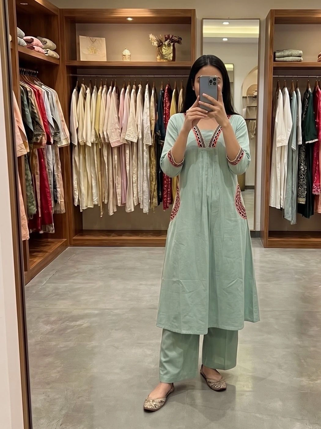 AQUA BLUE KHADI COTTON A-LINE KURTA WITH PALAZZO SET 1