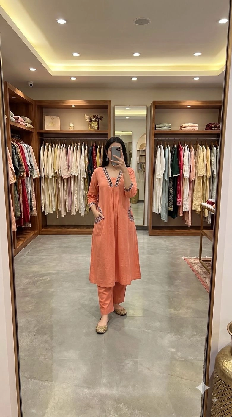 PEACH KHADI COTTON A-LINE KURTA WITH PALAZZO SET 1