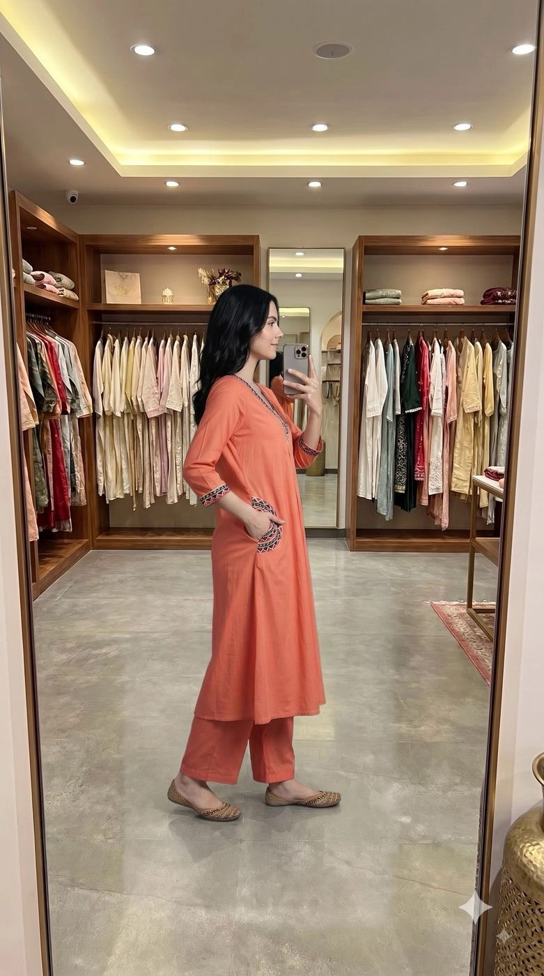 PEACH KHADI COTTON A-LINE KURTA WITH PALAZZO SET 2
