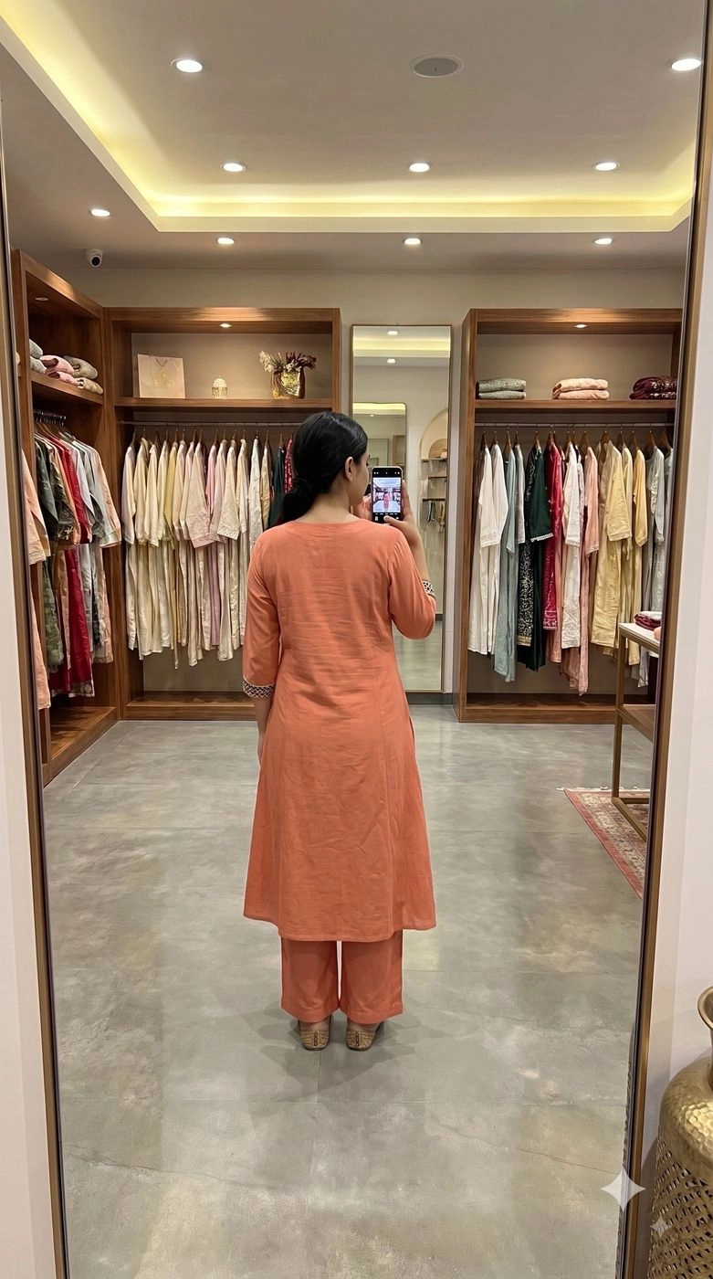 PEACH KHADI COTTON A-LINE KURTA WITH PALAZZO SET 3