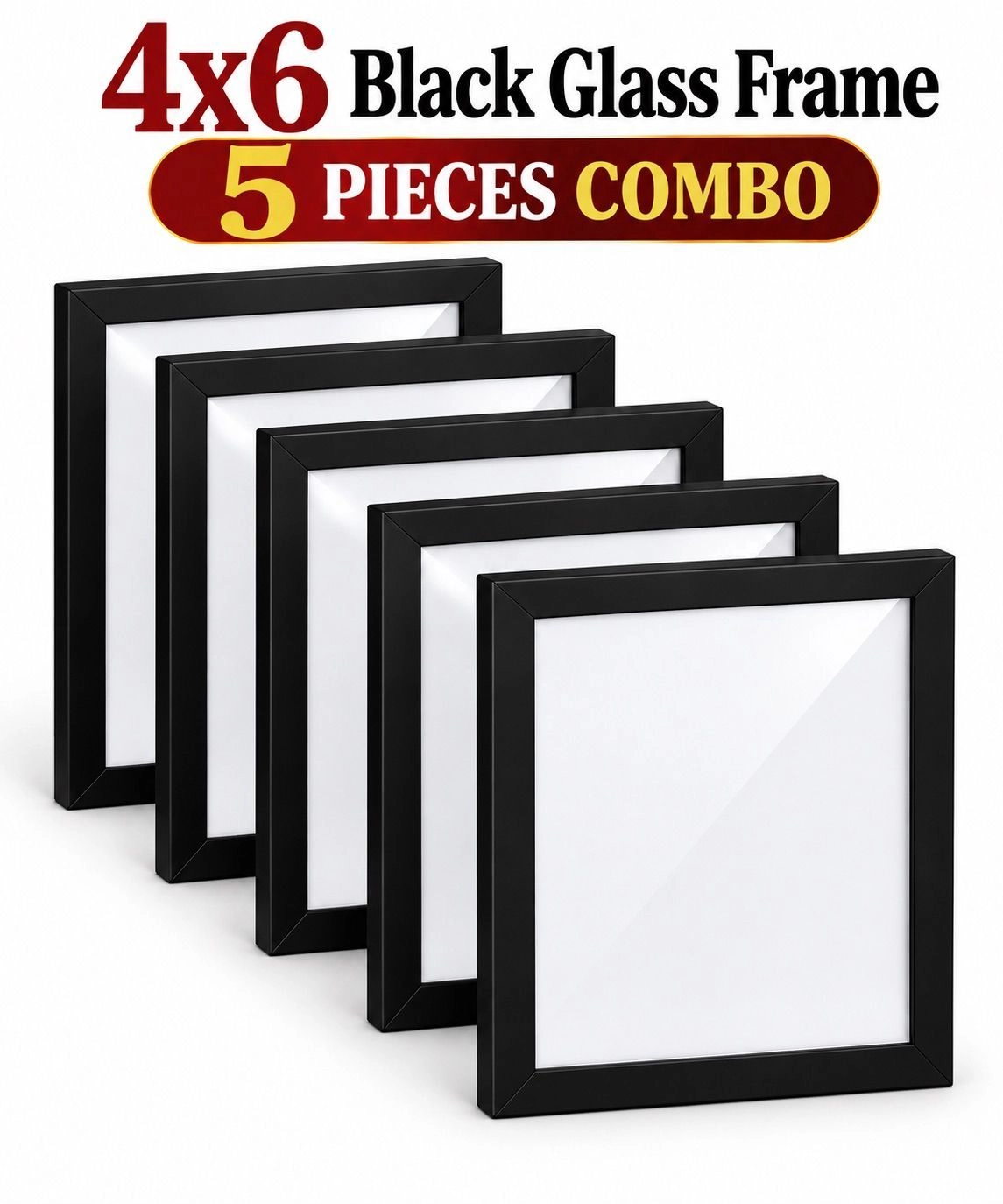Black Wooden Glass Photo Frames 4 × 6 Inches – Set of 5